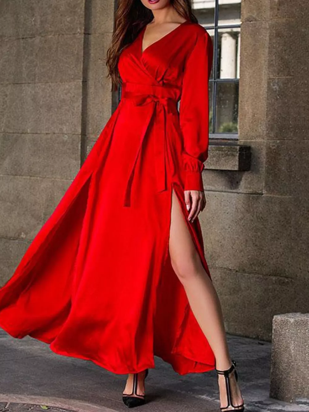 Plus Size Surplice Long Sleeve Slit Maxi Dress, image 8