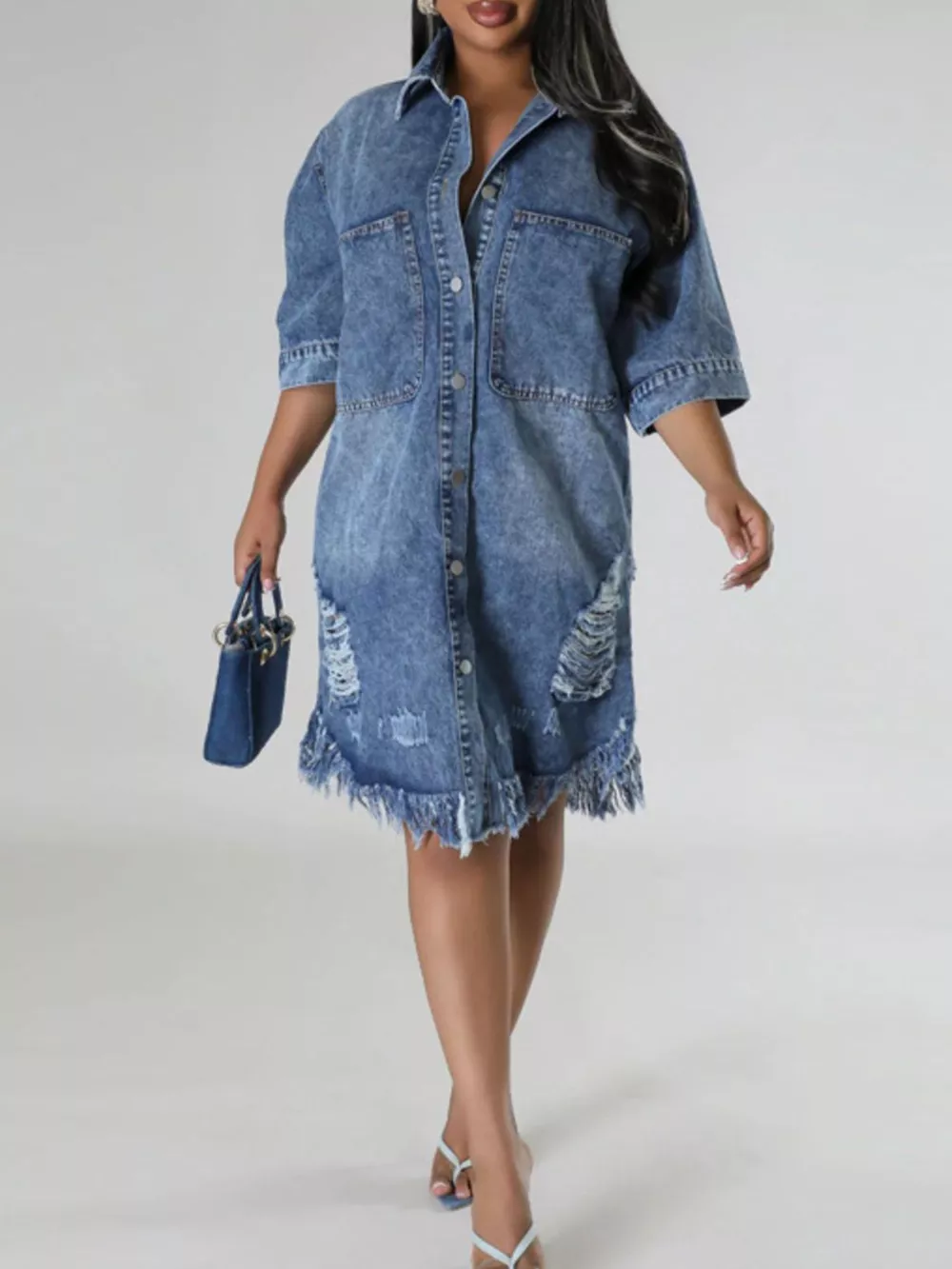 Plus Size Distressed Frayed Hem Button-Down Denim Dress