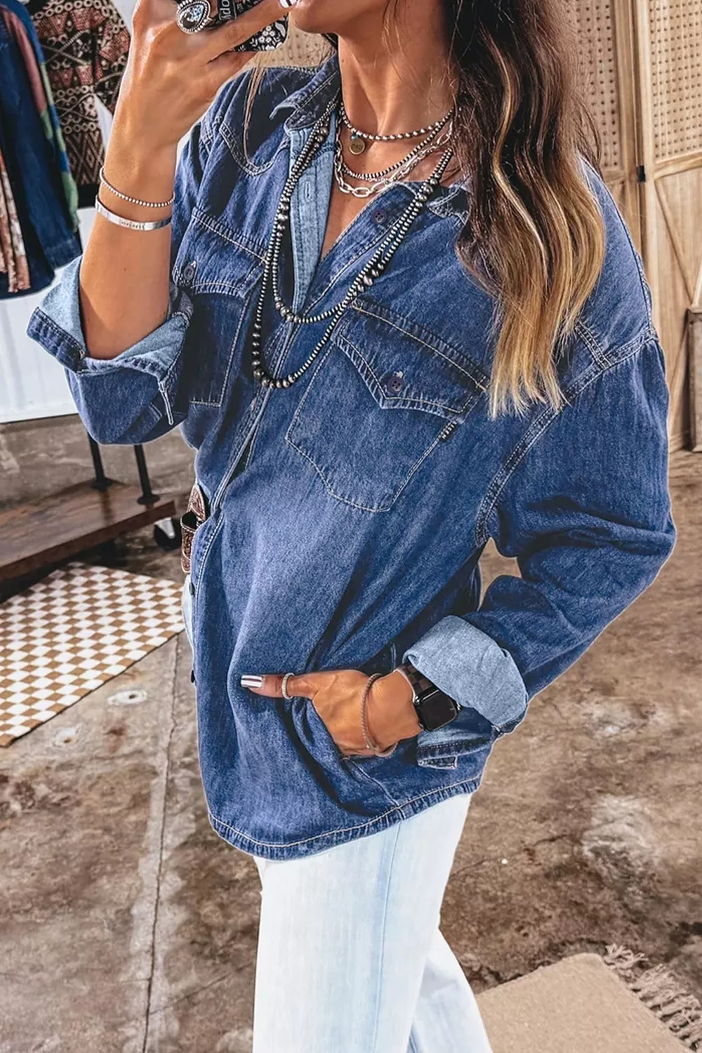 Western Patch Pockets Tunic Length Long Sleeve Denim Shirt, image 3