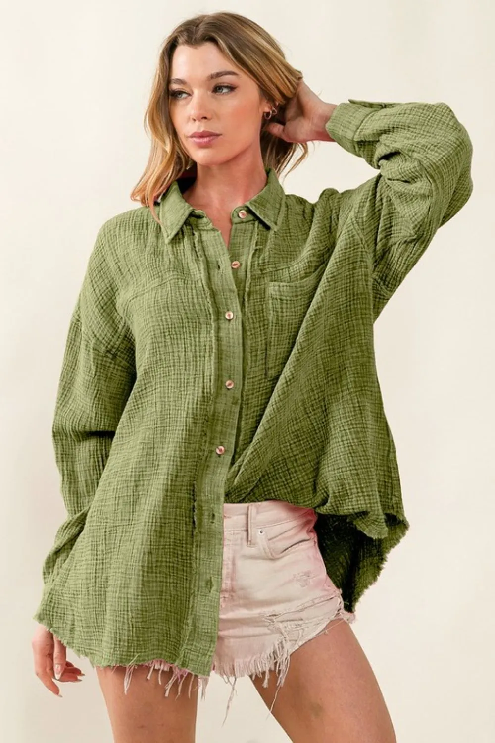 Raw Edge Detailed Mineral Washed Loose Fit Shirt