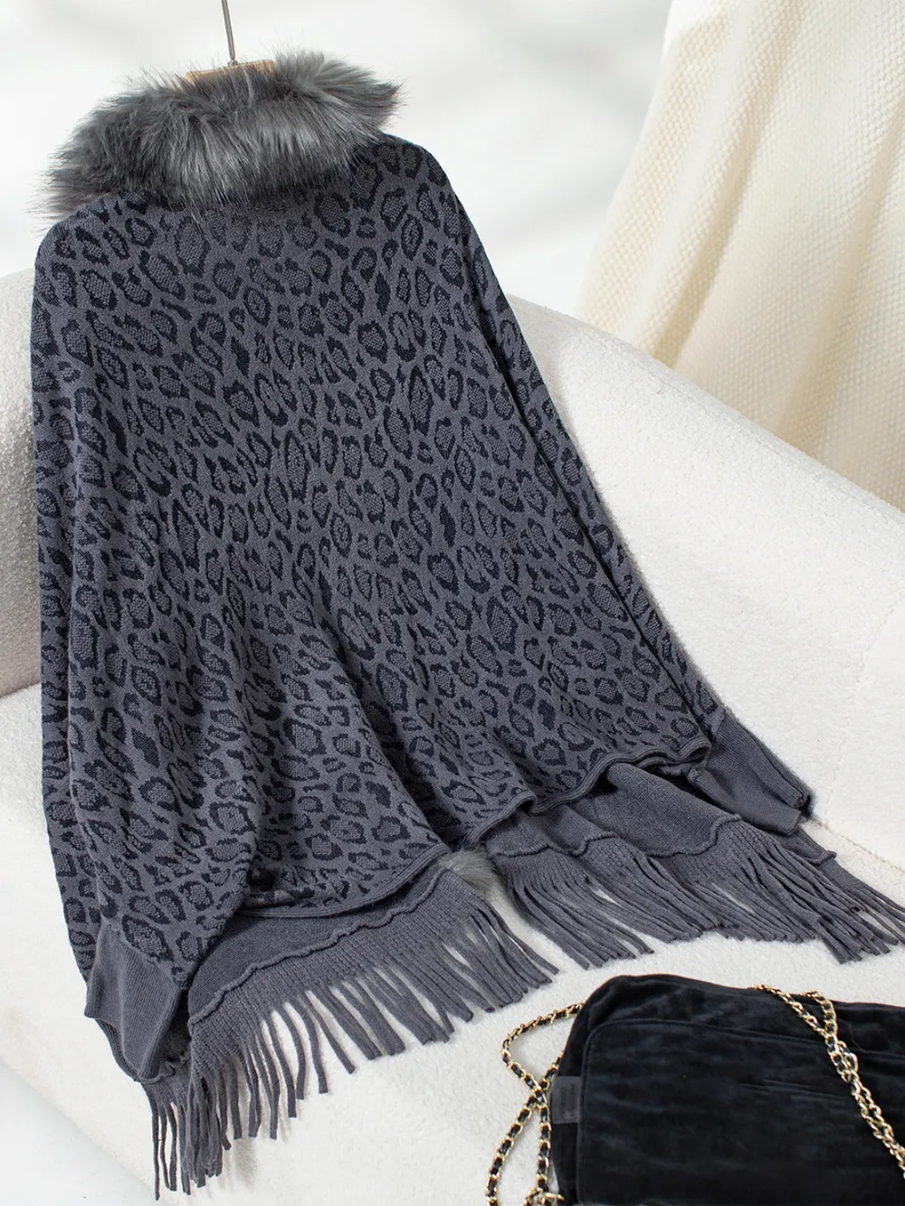 Fringe Leopard Open Front Long Sleeve Poncho, image 9