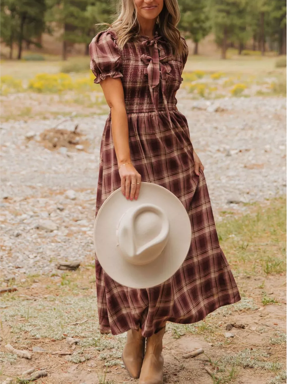 Plaid Knot Front Smocked High Waist Midi Dress, image 4