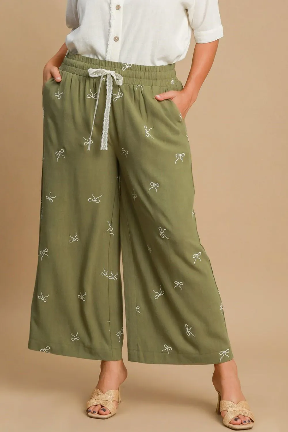 Full Size Lace Drawstring Embroidered Bow Wide Leg Pants Plus Size, image 3