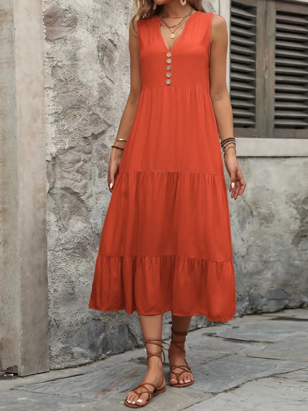Decorative Button Notched Sleeveless Dress, image 16