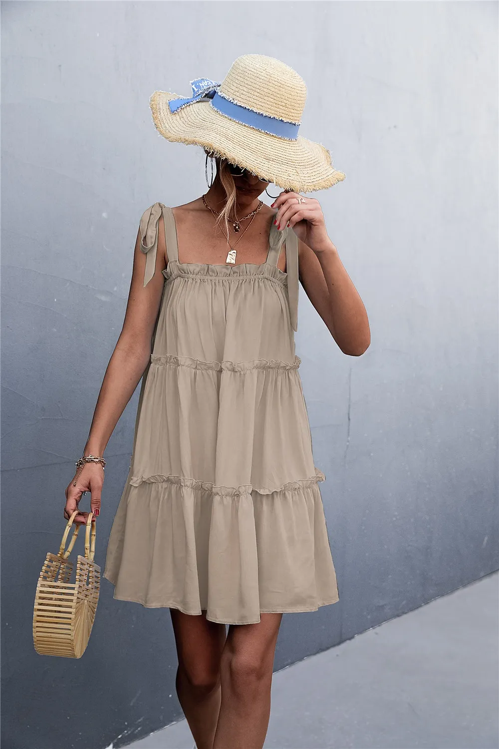 Frill Tiered Tie Shoulder Mini Cami Dress, image 3