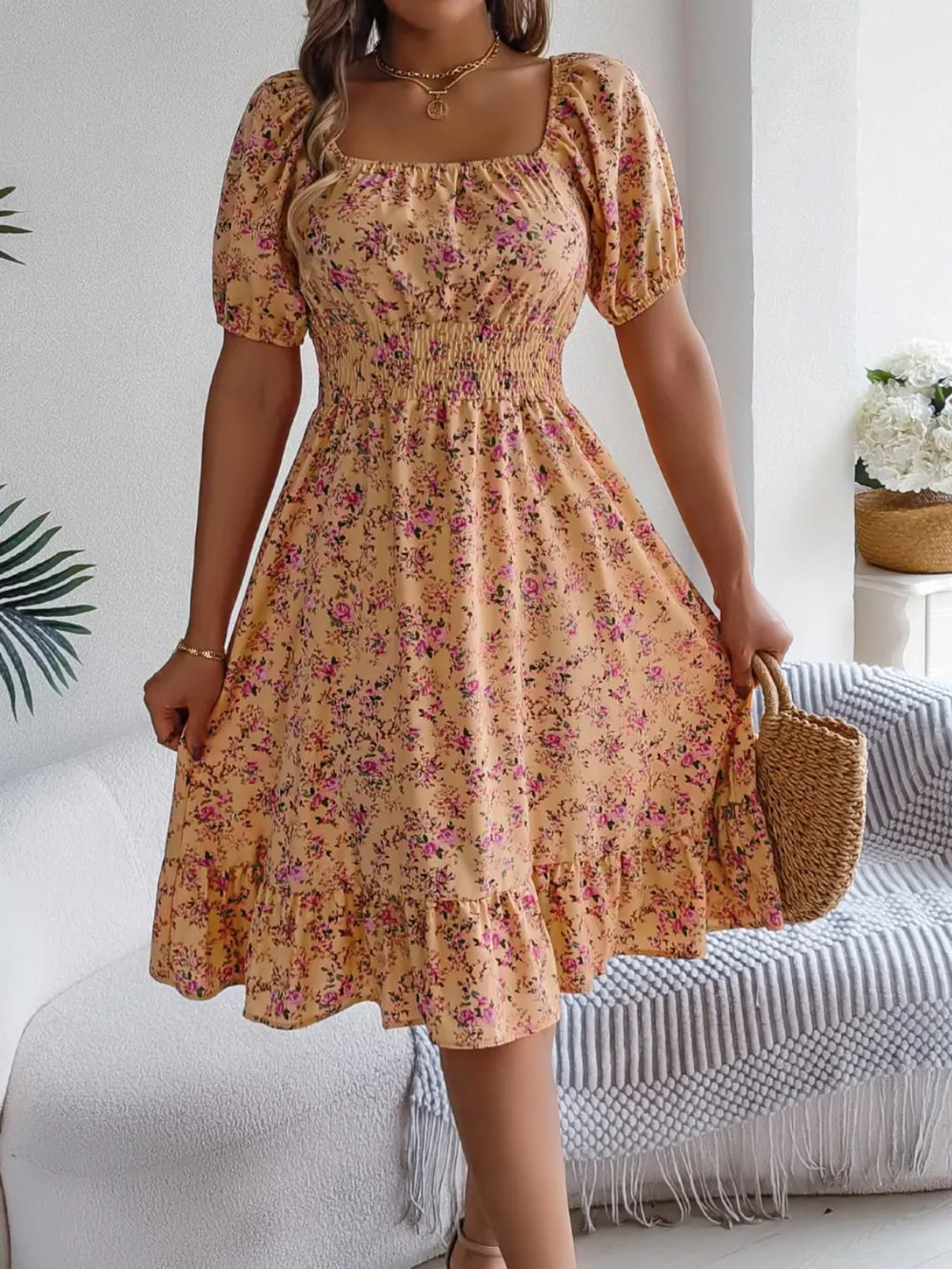 Ruffled Hem Floral Puff Sleeve Dress, image 16