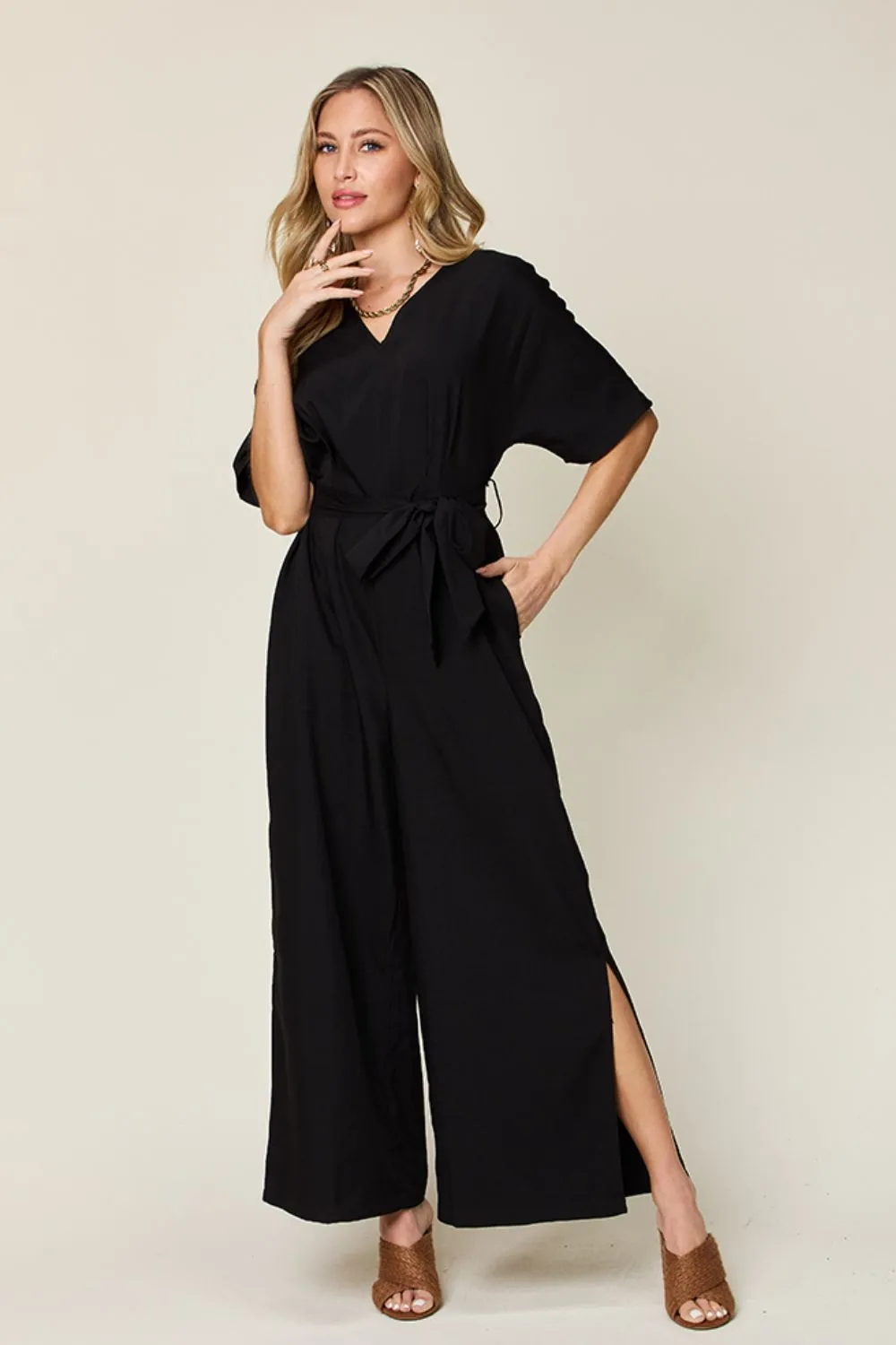 Full Size V-Neck Tied Side Slit Jumpsuit, image 5