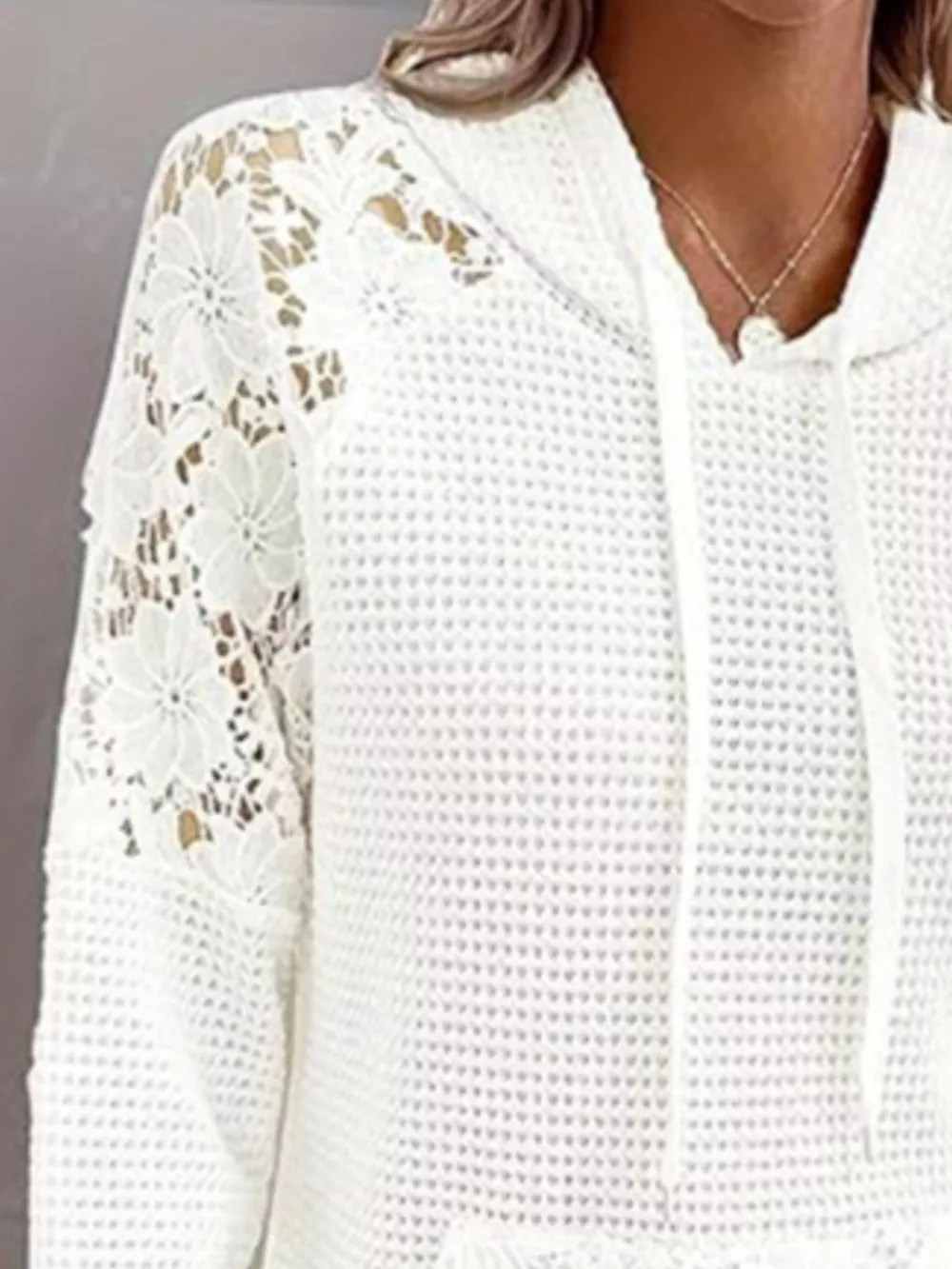 Full Size Lace Trim Waffle Knit Hoodie Plus Size, image 3