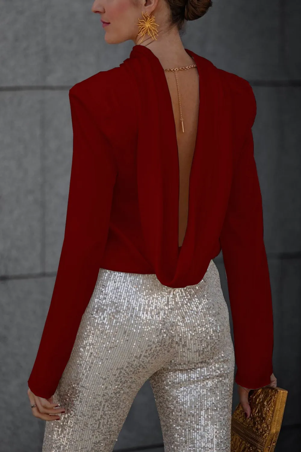 Backless Cowl Neck Long Sleeve Blouse, image 6