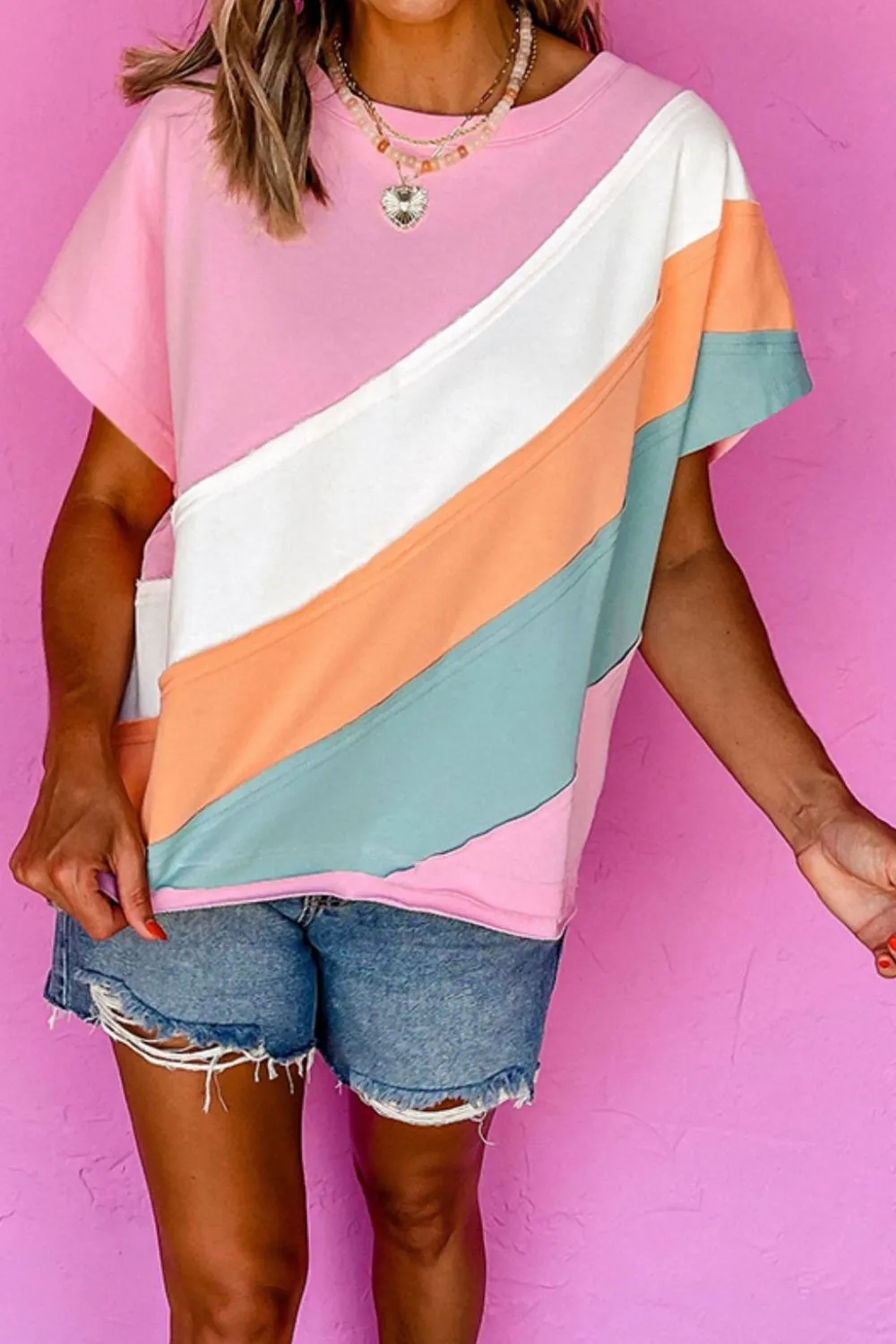 Color Block Round Neck Short Sleeve T Shirt, image 4