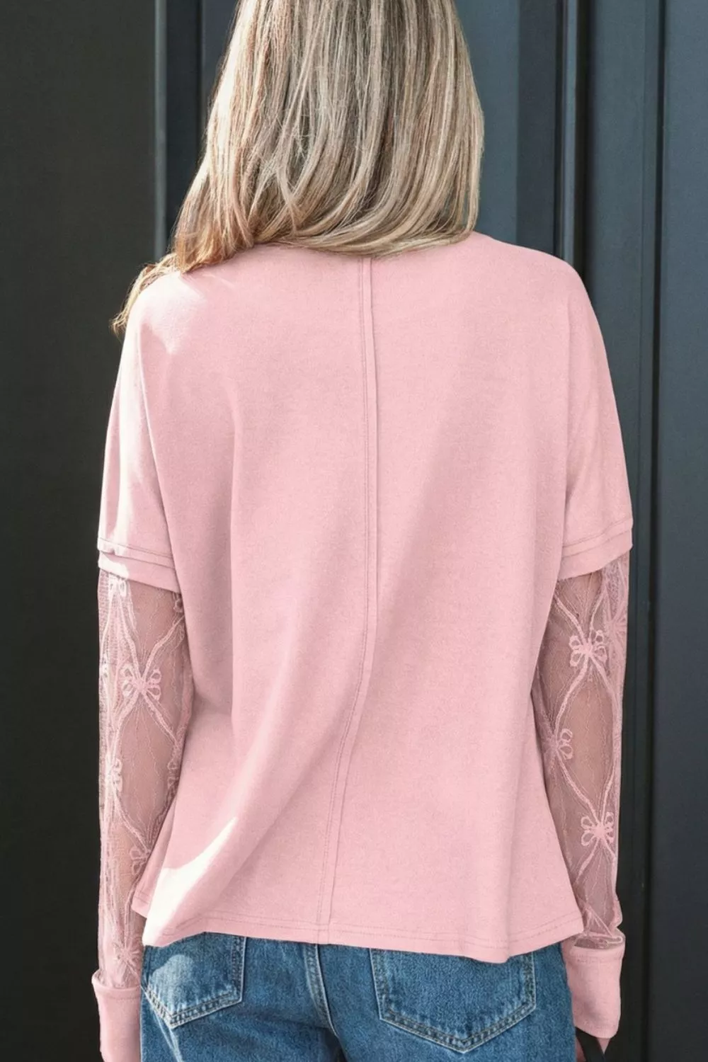 Solid Color Bow Textured Patchwork Long Sleeve Tee, image 2