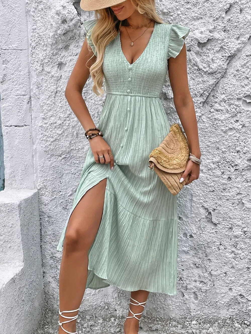 V-Neck Ruffled Cap Sleeve Dress, image 6