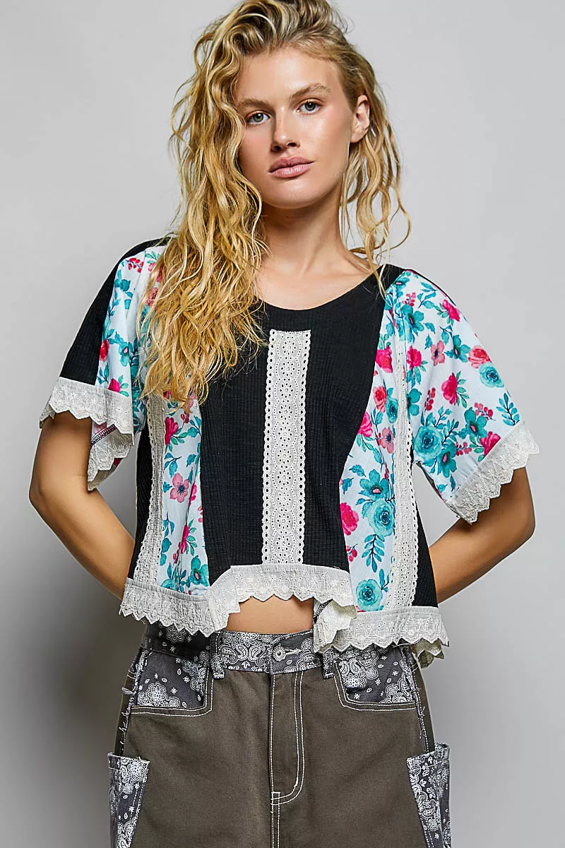 Round Neck Ribbed Cropped Top with Lace Detail