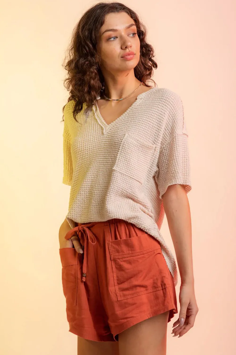 Waffle-Knit Notched Half Sleeve T-Shirt, image 16