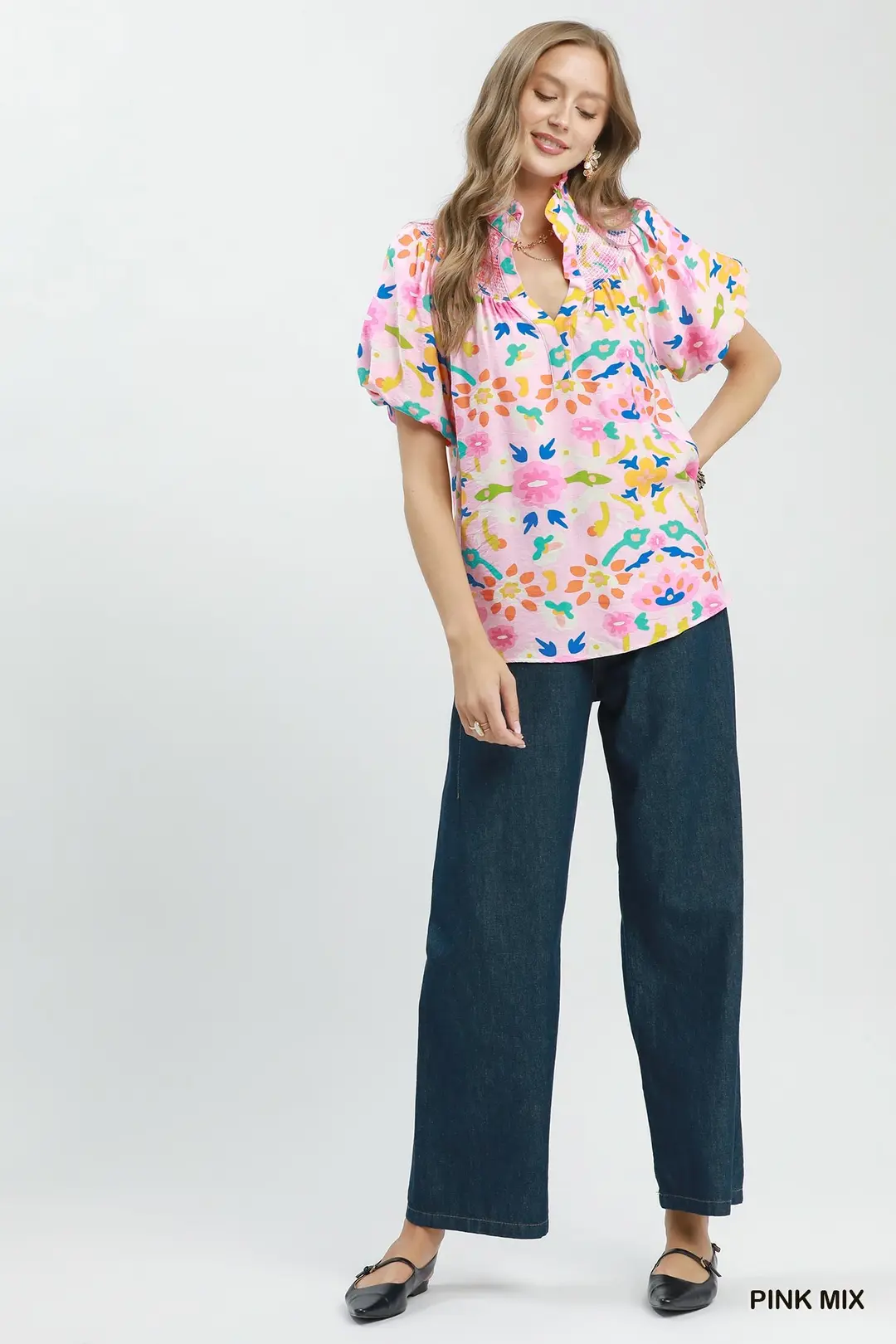 Folk Art Print Top with Smocked Detail, image 5
