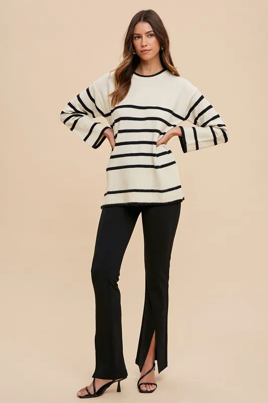 Side Slit Striped Round Neck Sweater, image 5