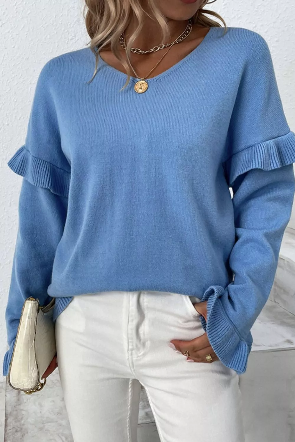 V-Neck Ruffle Trim Long Sleeve Sweater, image 2