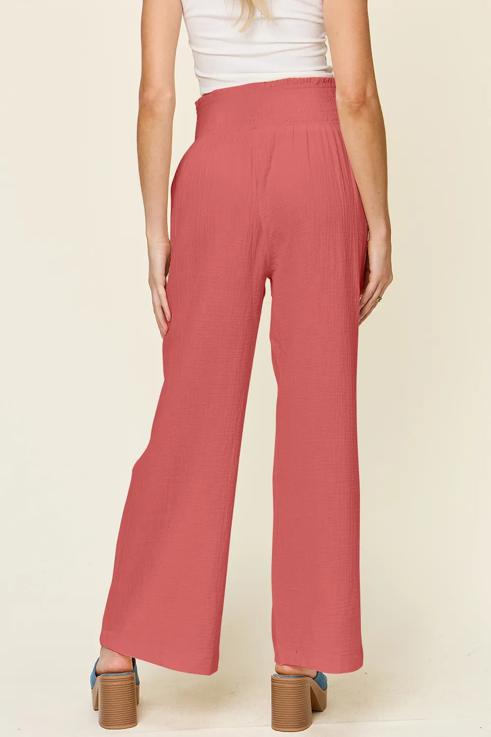 Full Size Texture Smocked Waist Wide Leg Pants, image 4