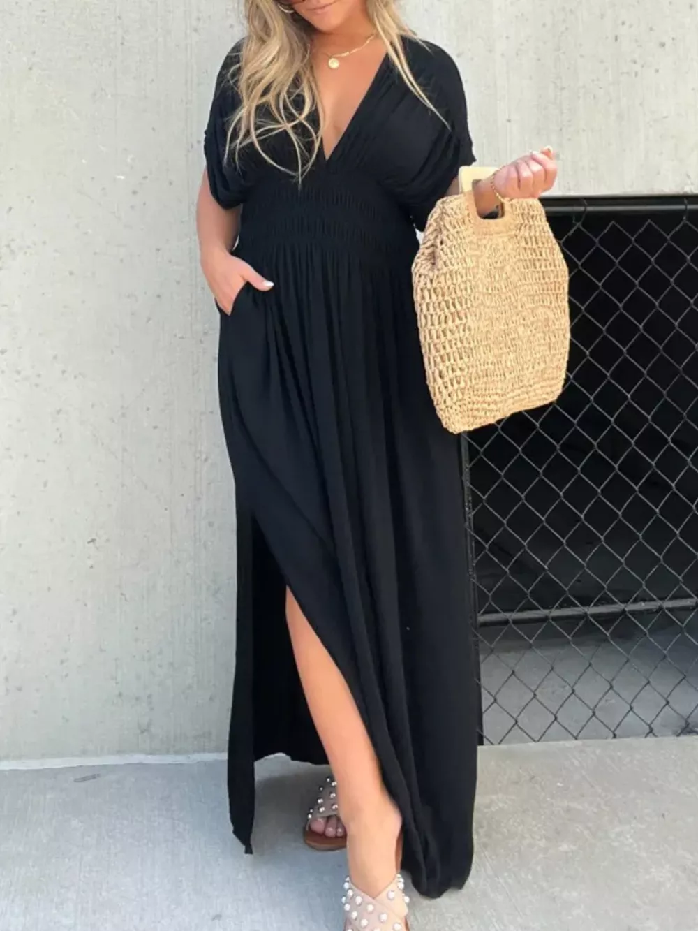 Full Size Slit V-Neck Smocked Waist Maxi Dress Plus Size, image 8