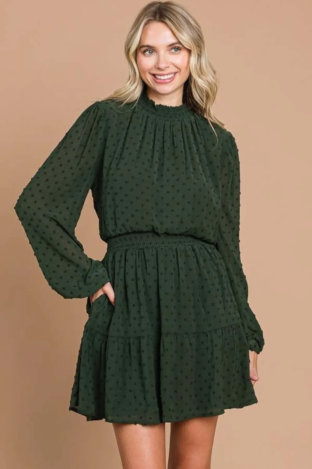 Swiss Dot Smock Neck Mini Dress with Pockets, image 4