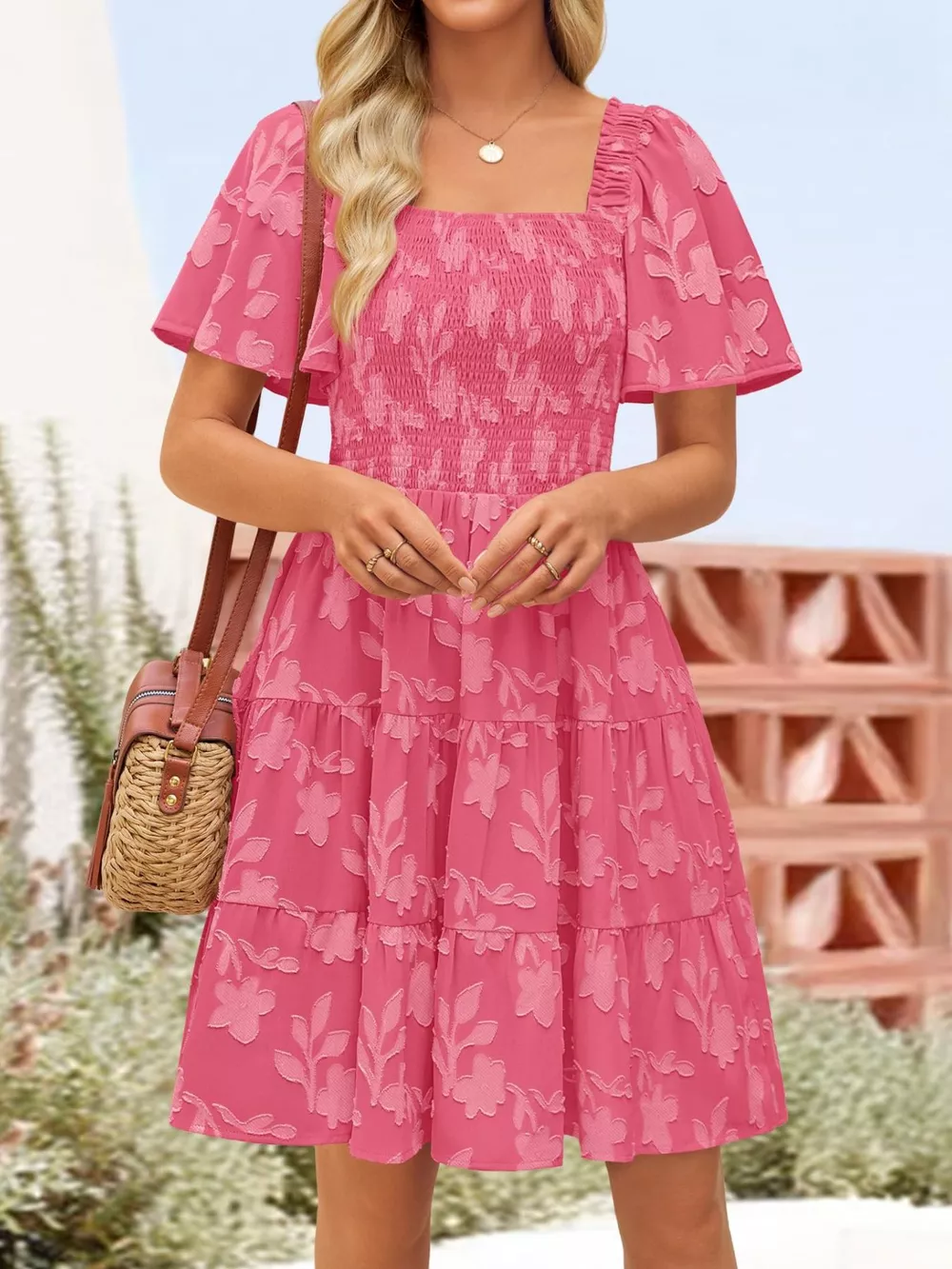 Smocked Square Neck Tiered Mini Dress, image 8