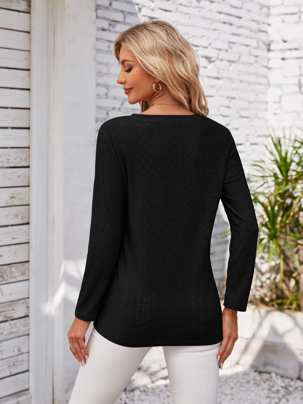 Decorative Button Openwork V-Neck T-Shirt, image 18