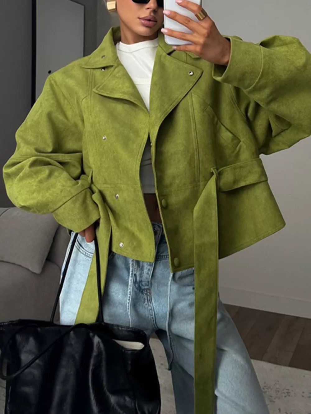 Tie Waist Long Sleeve Cropped Jacket, image 3