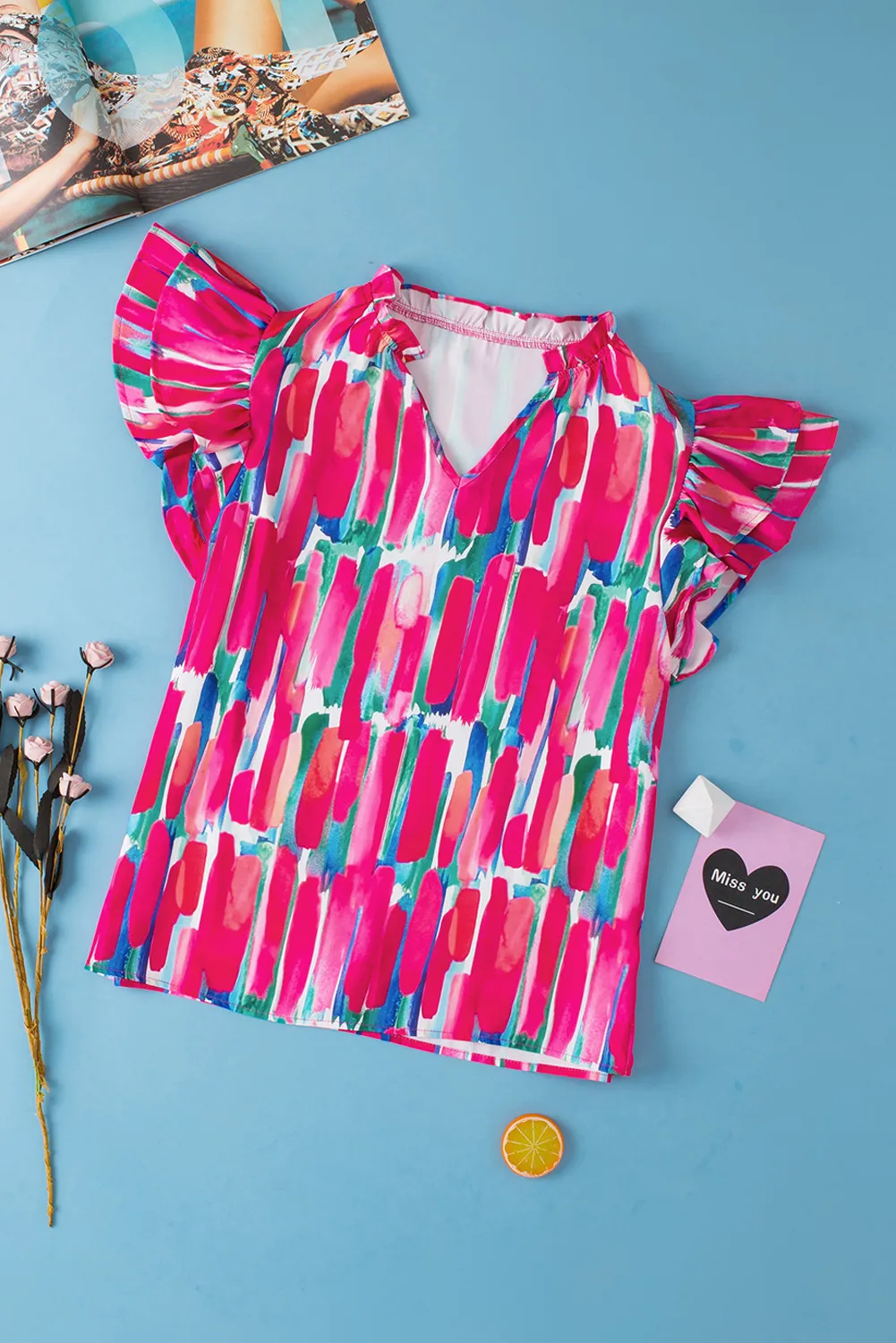 Ruffled Printed Notched Cap Sleeve Blouse, image 4