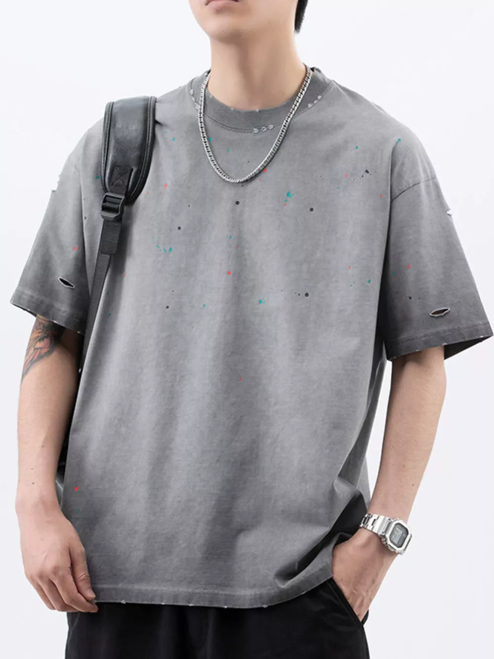 Men's Plus Size Distressed Round Neck Short Sleeve T-Shirt, image 8