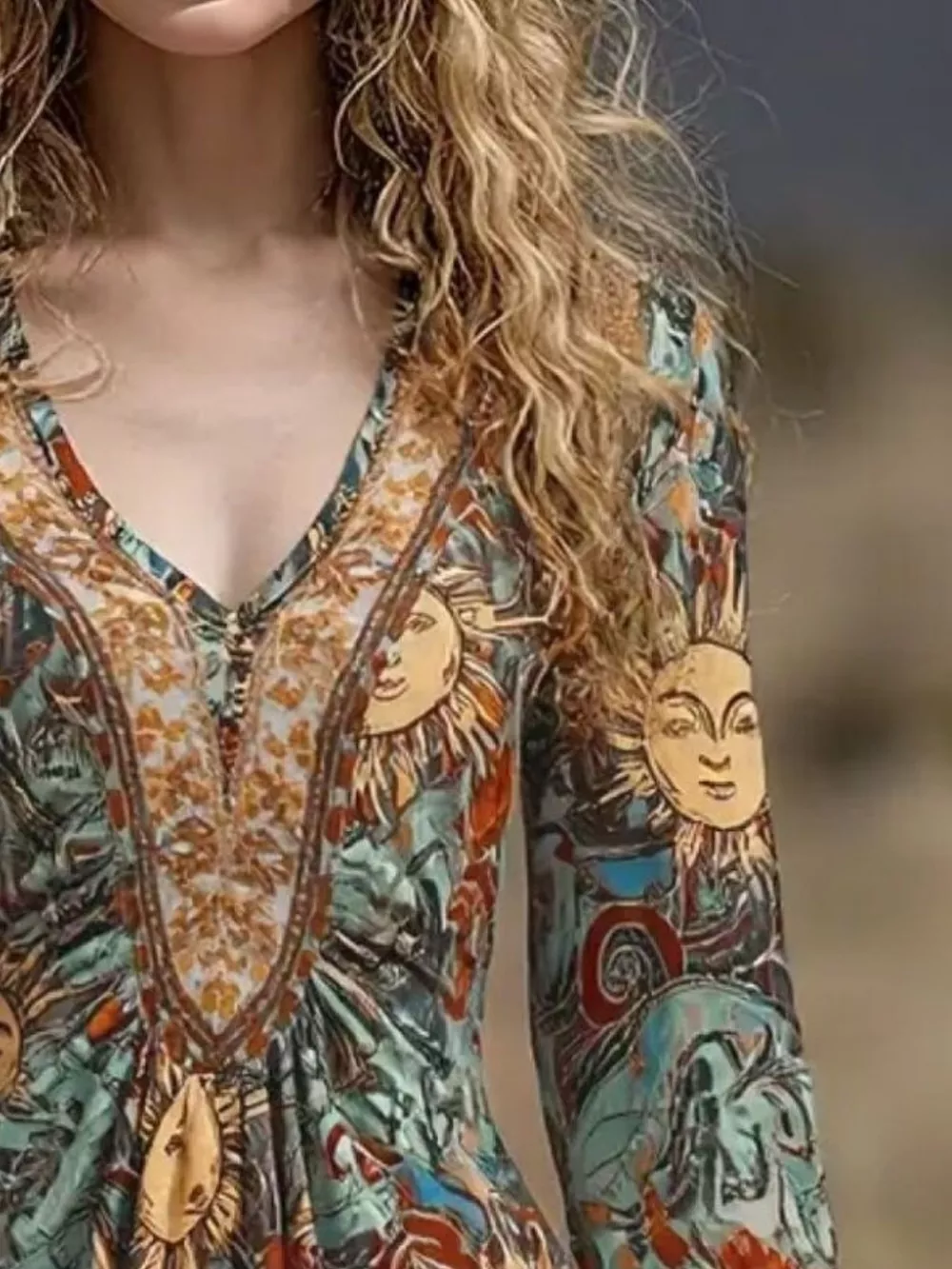 Printed V-Neck Flare Sleeve Dress, image 6
