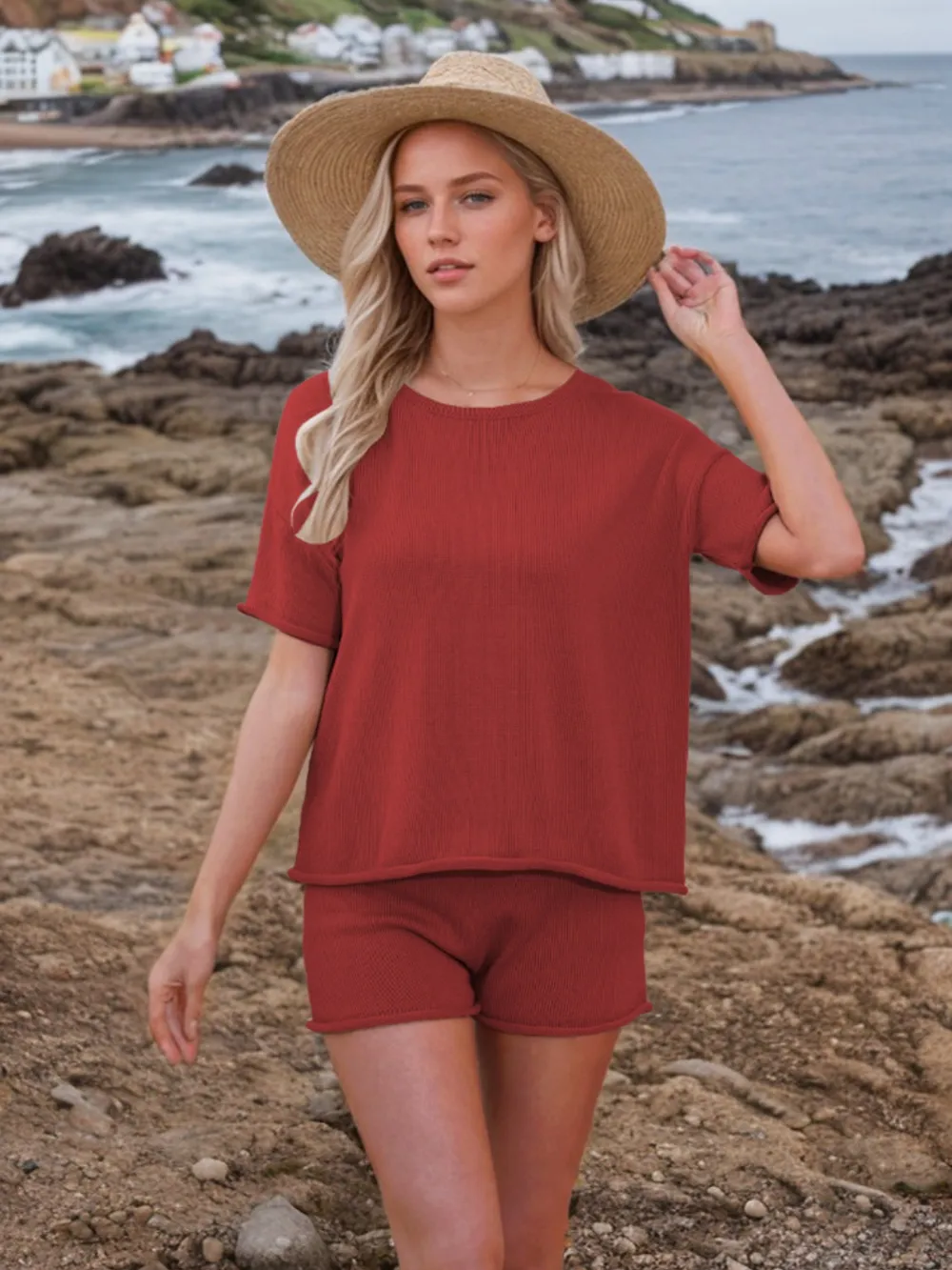 Round Neck Short Sleeve Top and Shorts Sweater Set, image 10