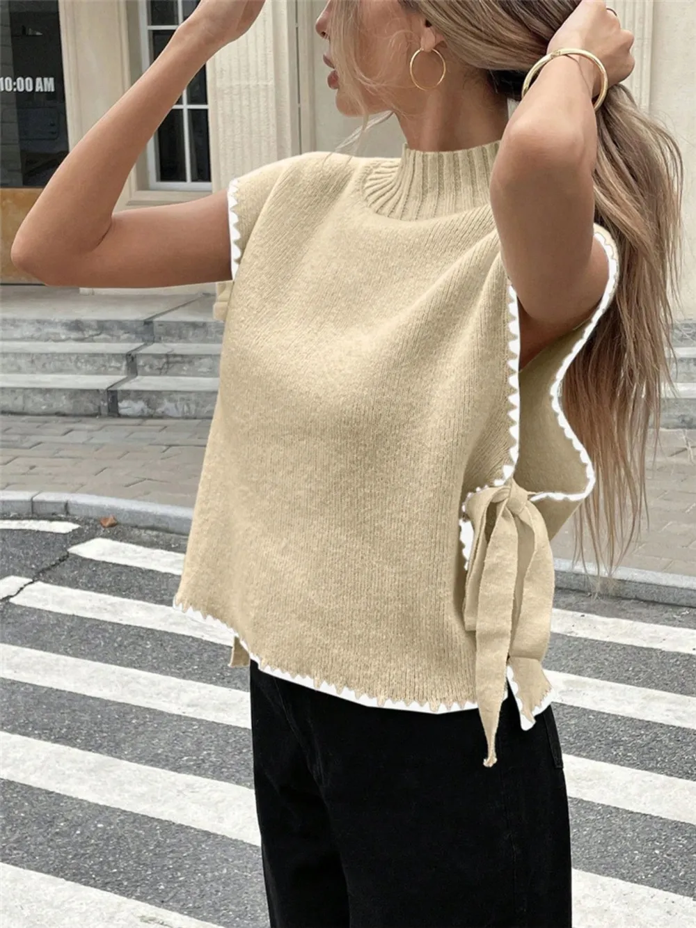 Ribbed Turtleneck Sweater Vest with Contrast Trim, image 8
