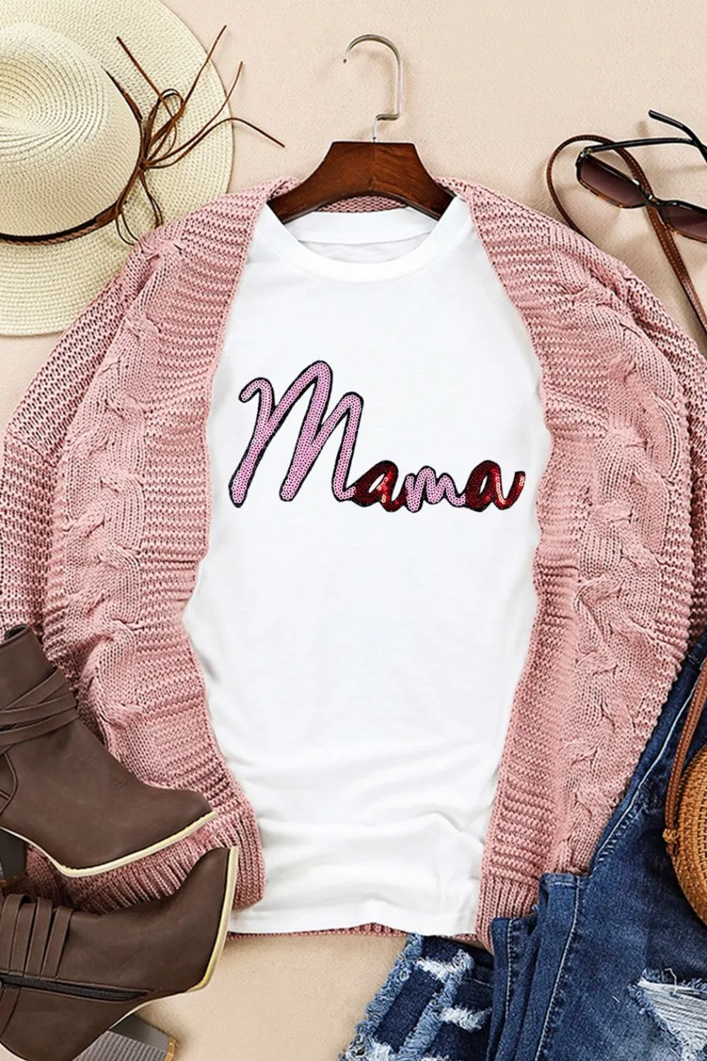 MAMA Sequin Round Neck Short Sleeve T-Shirt, image 3