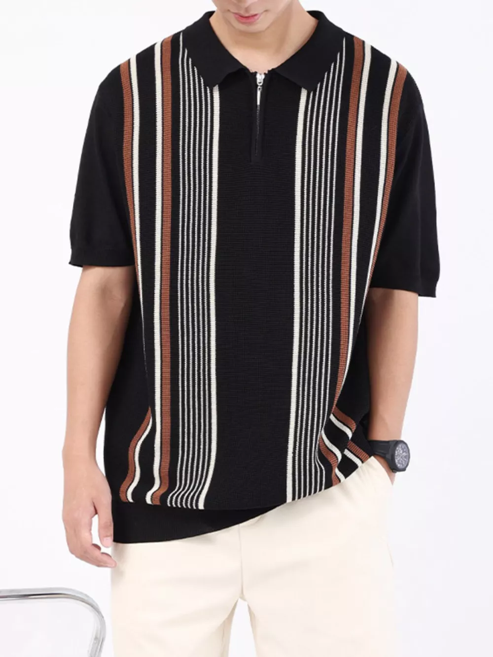 Men's Plus Size Striped Knit Polo with Zipper