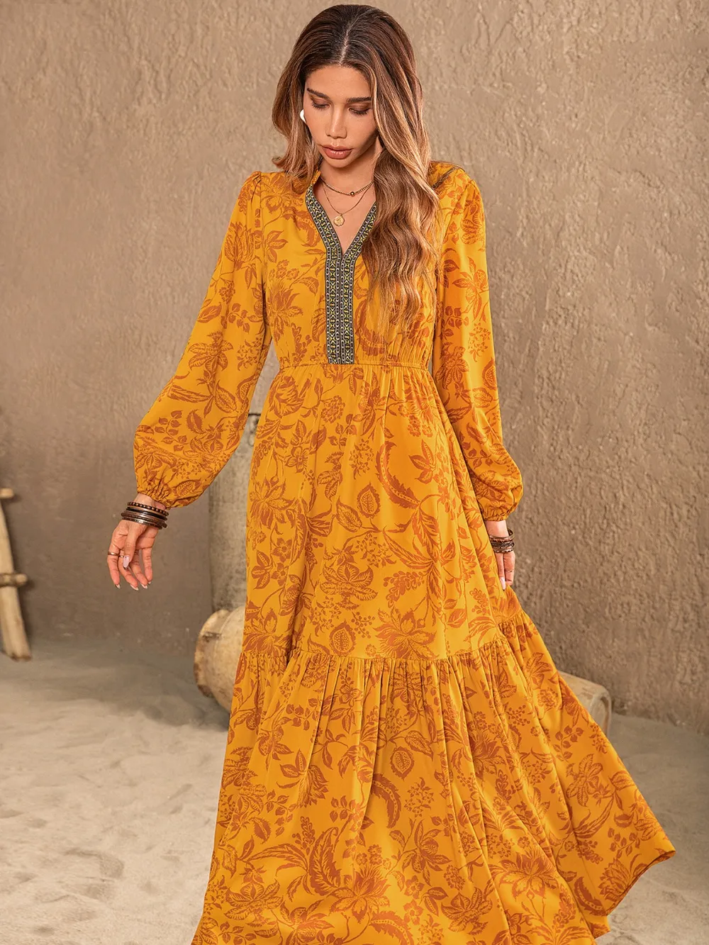 Printed Notched Balloon Sleeve Dress, image 3