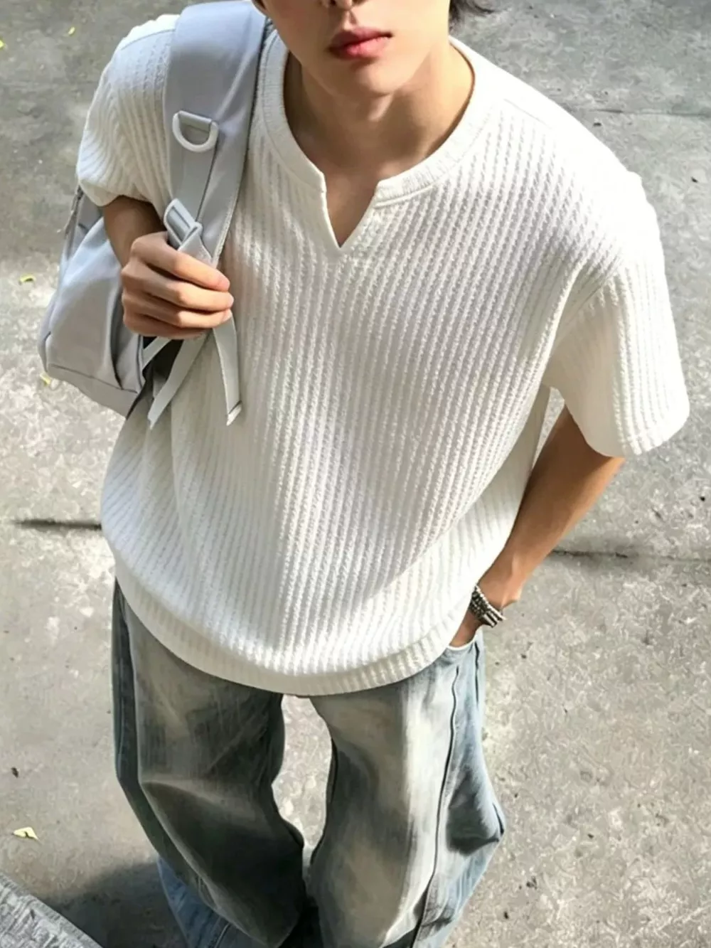 Men's Plus Size Casual Notched Ribbed T-Shirt, image 4