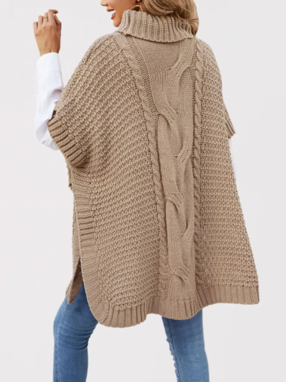 Turtleneck Cable-Knit Short Sleeve Oversized Sweater, image 3