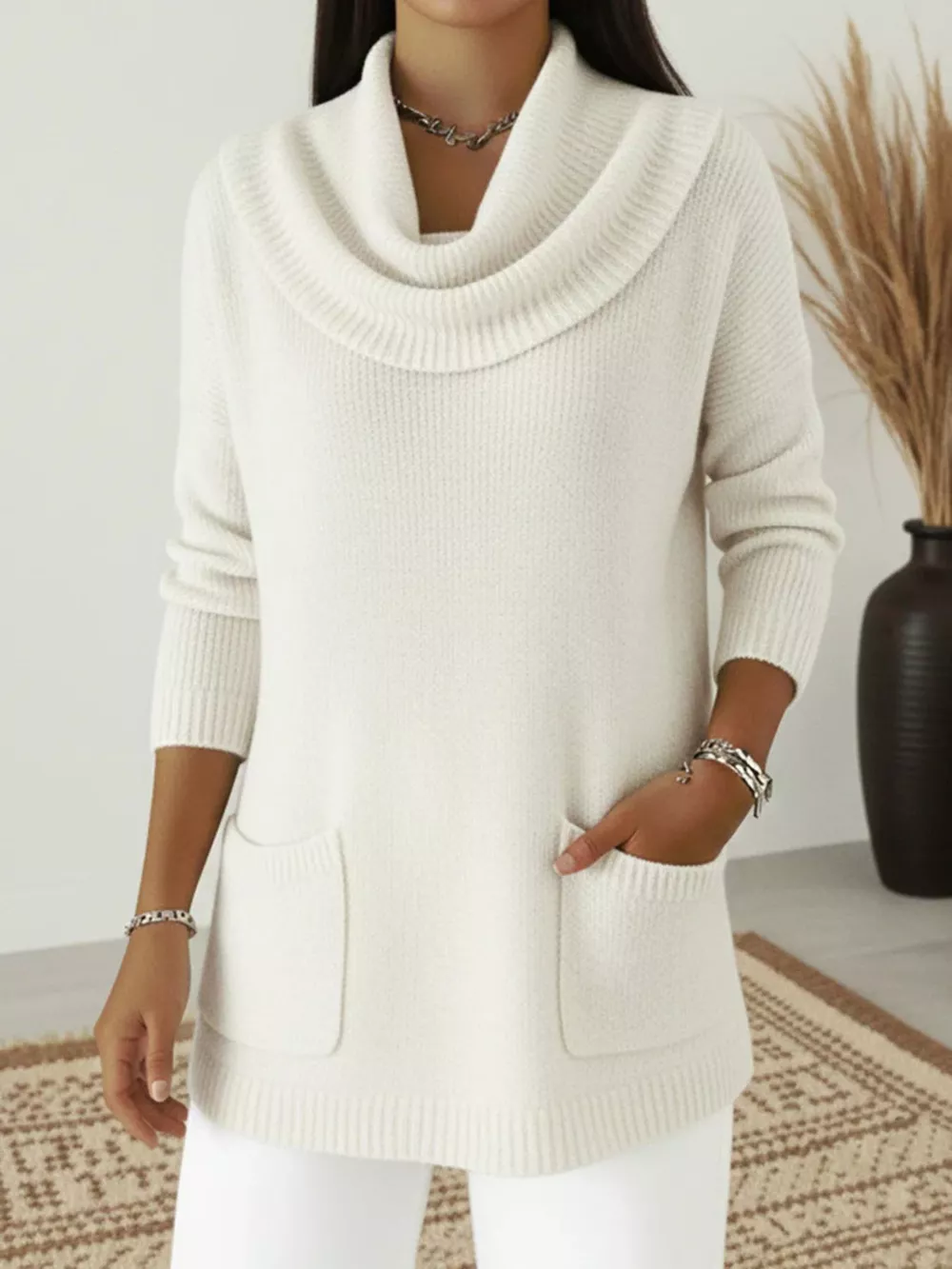 Full Size Cowl Neck Long Sleeve Sweater with Pockes Plus Size, image 4