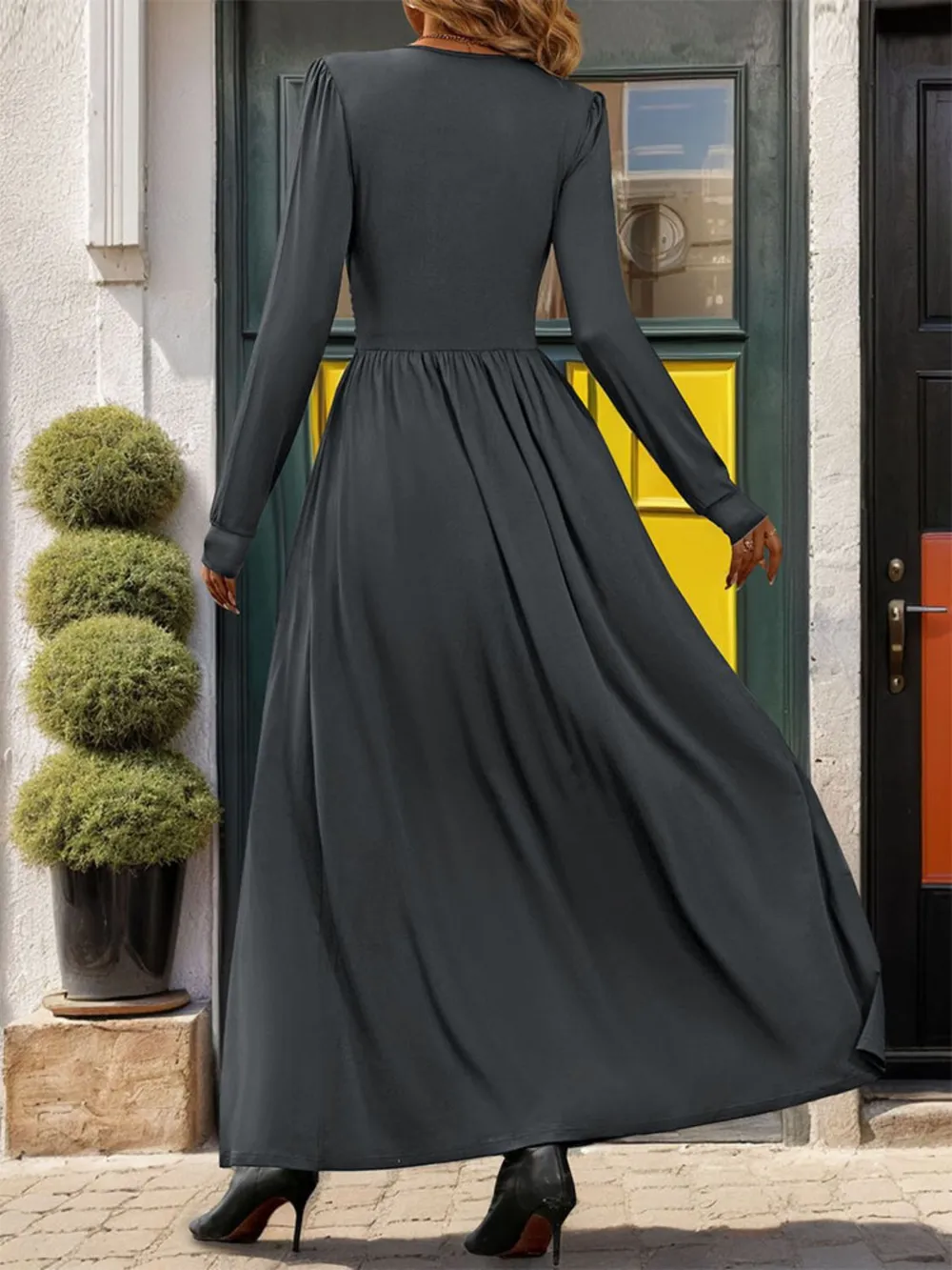 Lace Detail Slit V-Neck Long Sleeve Dress, image 3