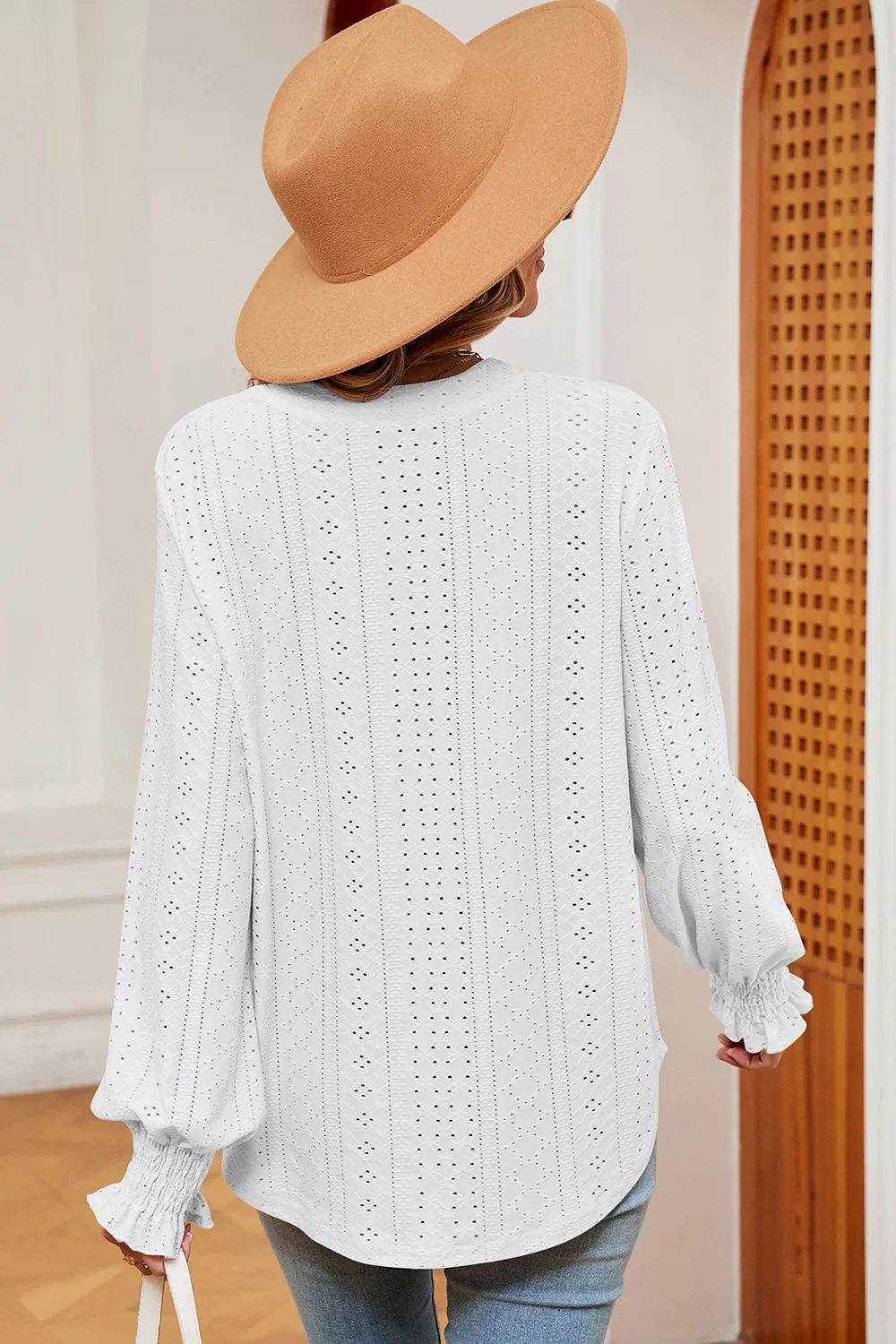 Eyelet Notched Long Sleeve T-Shirt, image 7