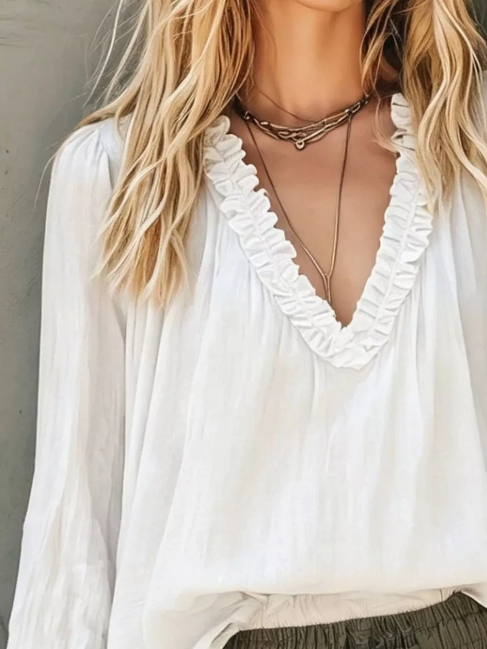 Frill V-Neck Long Sleeve Blouse, image 2