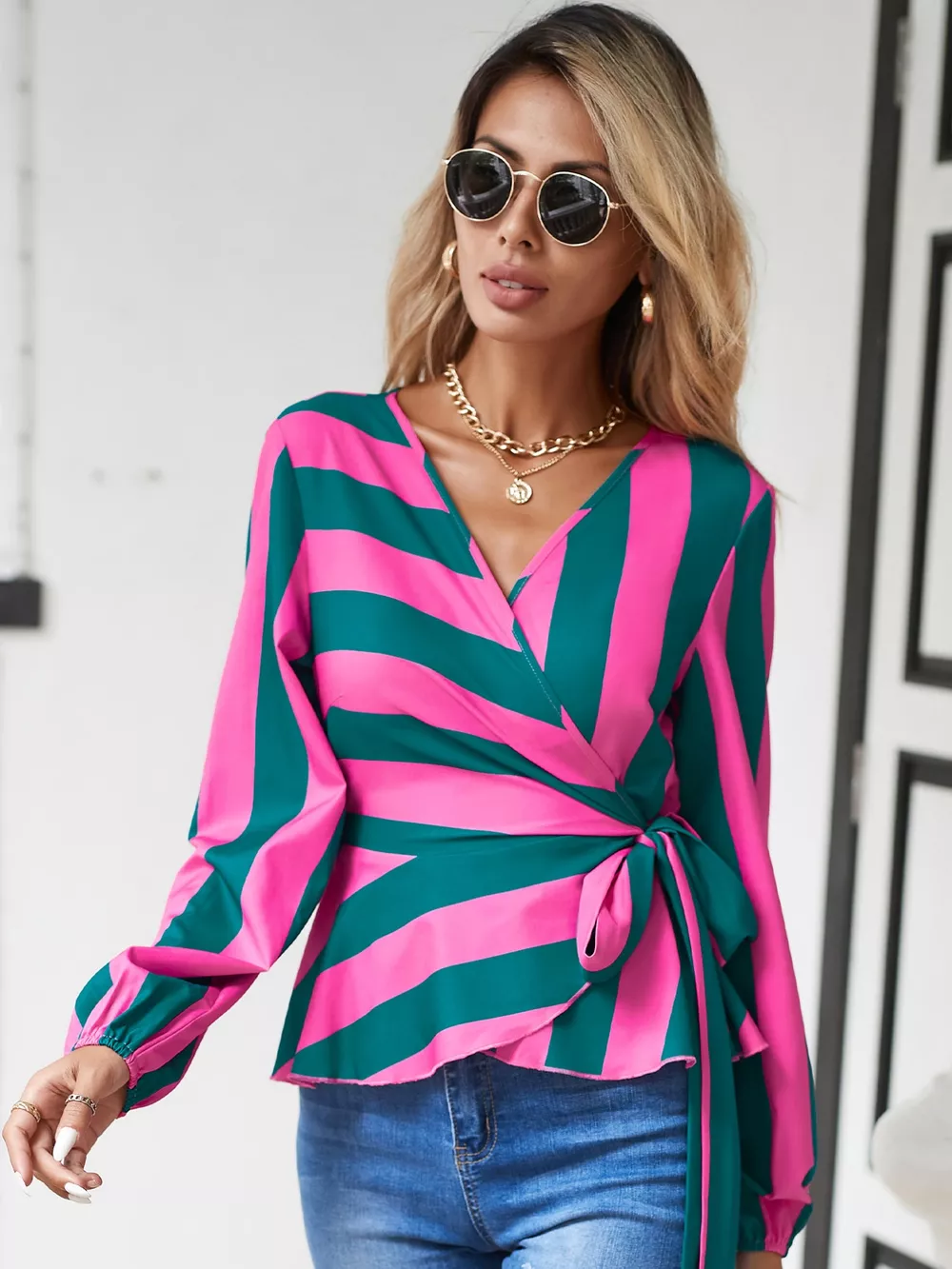 Striped Wrap Blouse with Tie Detail, image 7