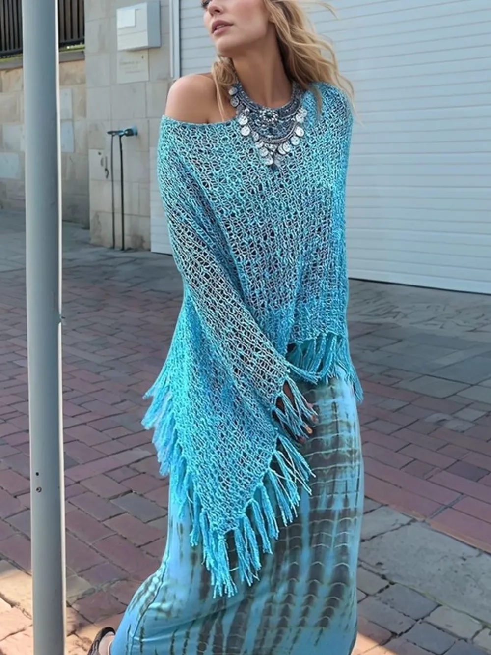 Tassel Boat Neck Knit Shawl, image 9