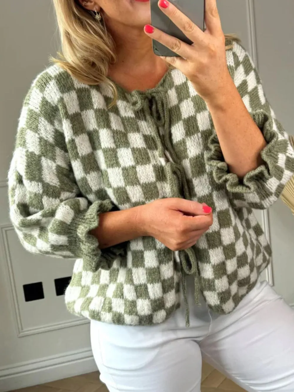 Checkered Tie-Front Knit Cardigan, image 11