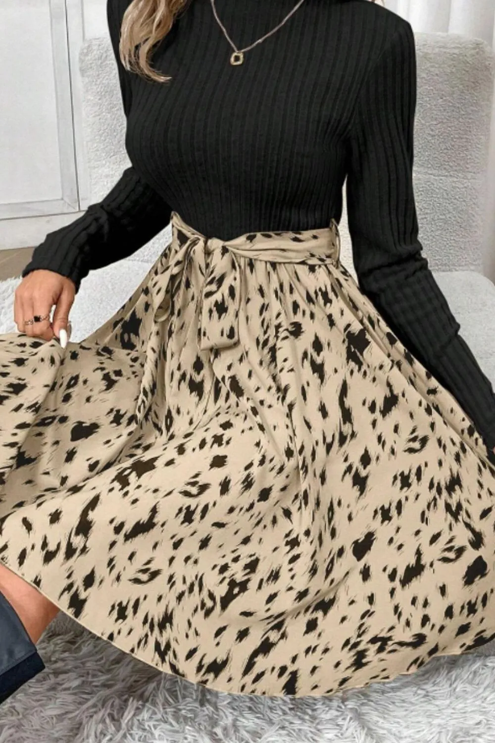 Printed Tie Waist Mock Neck Long Sleeve Dress, image 12