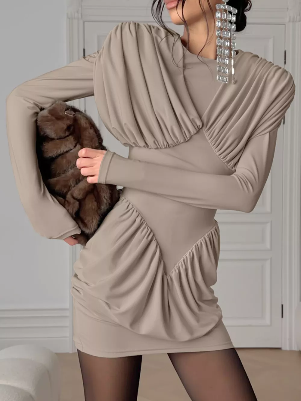 Ruched Long Sleeve Bodycon Mini Dress, image 6