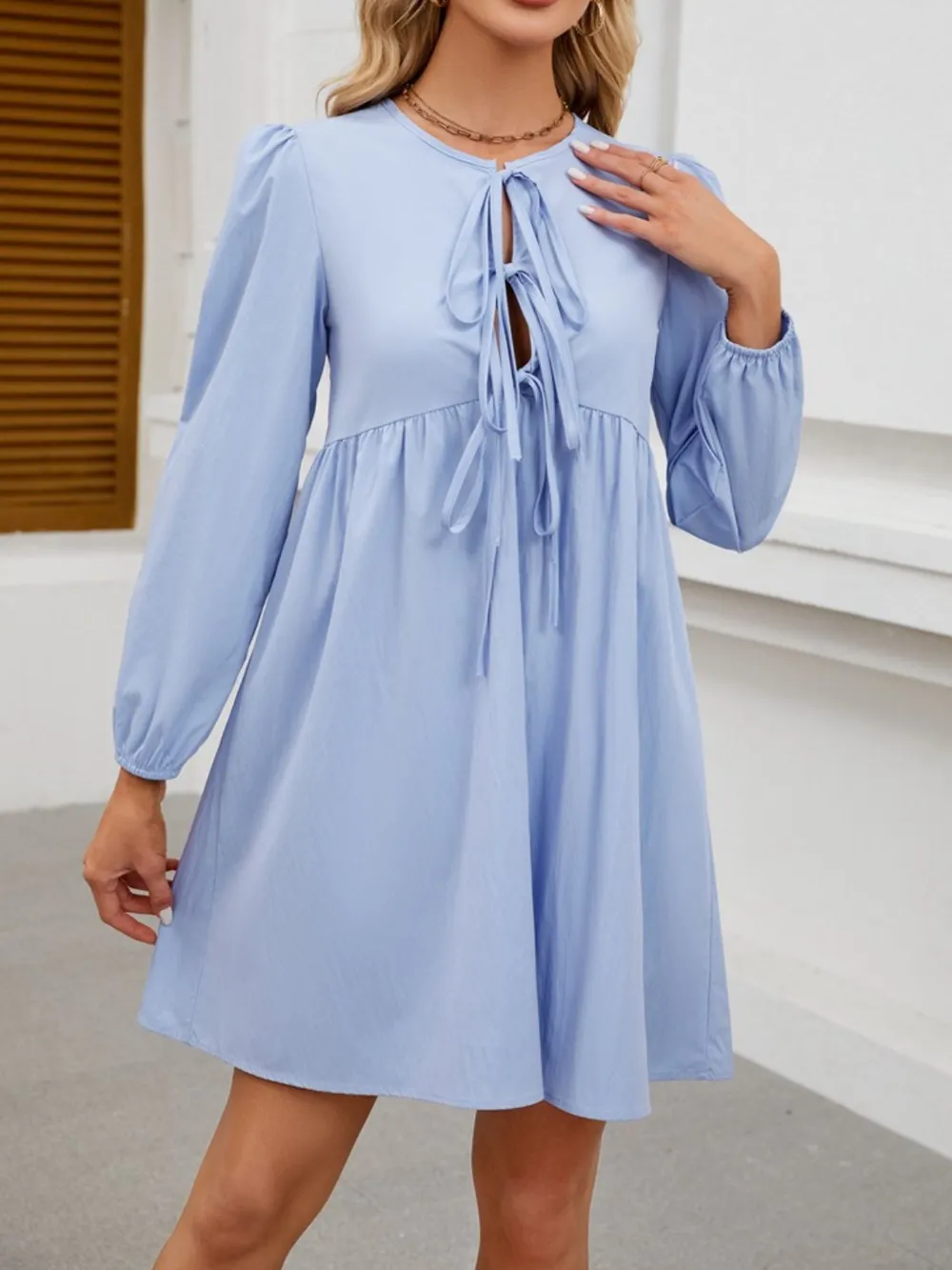 Tie Front Long Sleeve Mini Dress, image 2
