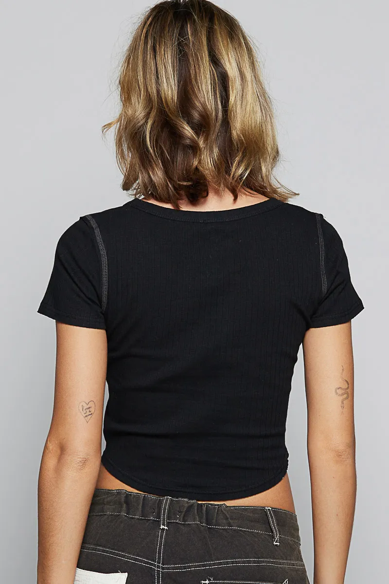 Contrast Stitching Round Neck Crop T-Shirt, image 2