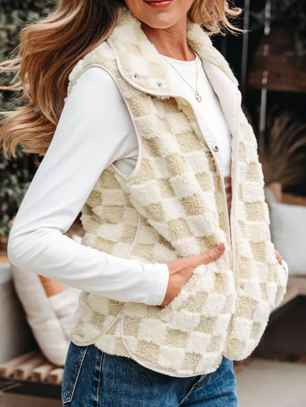 Sherpa Checkerboard Snap Button Vest Coat with Pocket, image 2