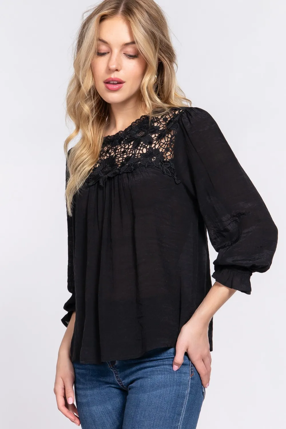 Crochet Lace Panel Flounce Sleeve Blouse, image 4